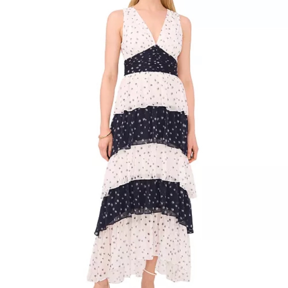 1.state Womens Colorblocked Tiered Maxi Dress New Ivory Dark Indigo Size 10 NWT